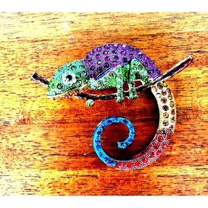 Chameleon Brooch Pin Rhinestones Lizard Gecko New Art Deco Tropical Rain…